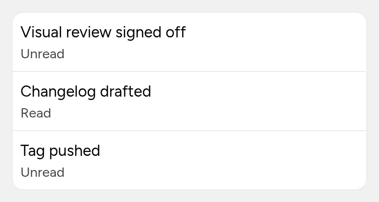 A phone list of three checklist rows in a card. A finger drags the first row toward the left and two action panels slide out behind it: a neutral Archive and a red Delete. Tapping Archive removes the row and the list closes up.